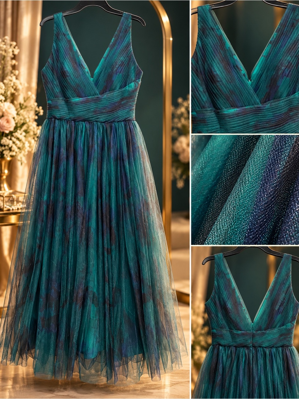 Rene Ruiz Collection Teal Blue Tulle V-Neck Midi Formal Dress Size 12 NWT
